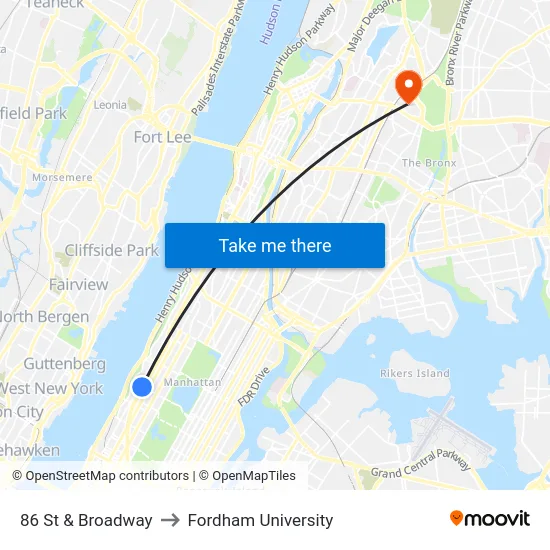 86 St & Broadway to Fordham University map