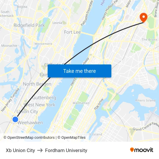 Xb Union City to Fordham University map