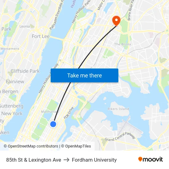 85th St & Lexington Ave to Fordham University map