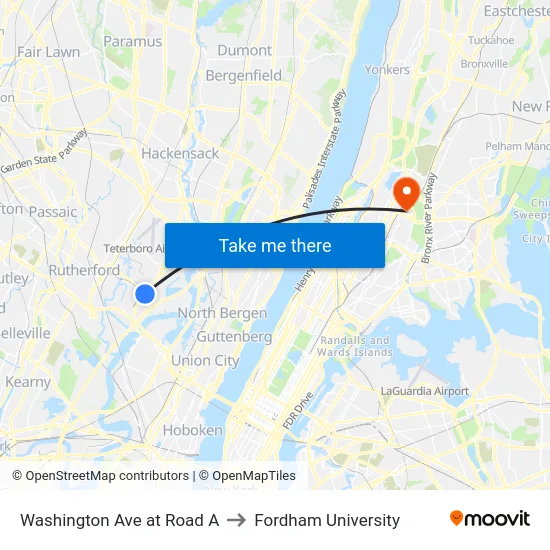Washington Ave at Road A to Fordham University map
