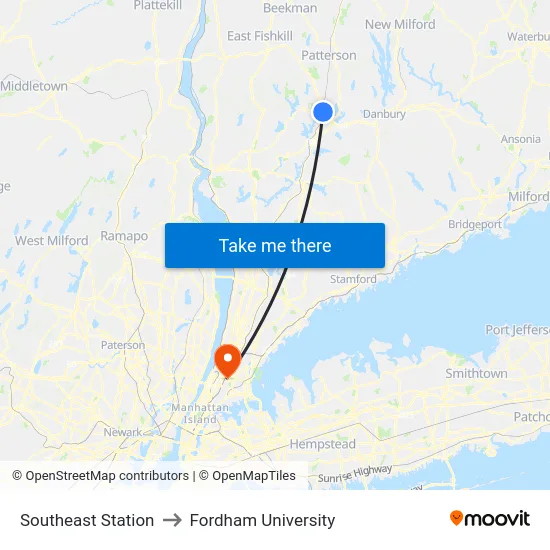 Southeast Station to Fordham University map