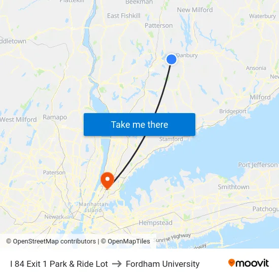 I 84 Exit 1 Park & Ride Lot to Fordham University map