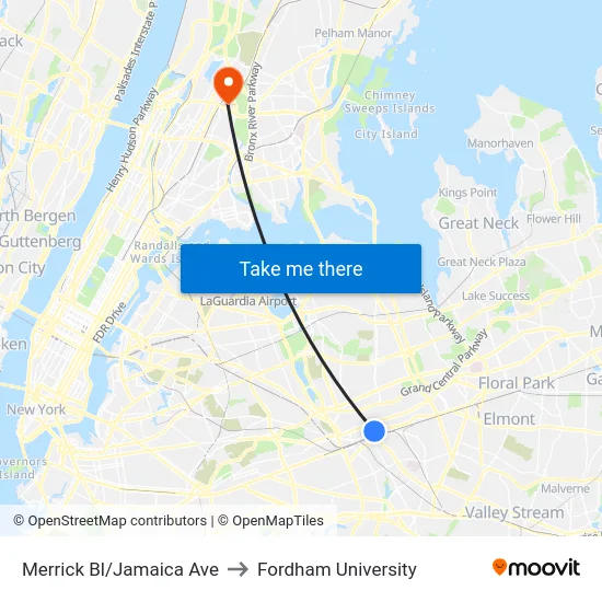 Merrick Bl/Jamaica Ave to Fordham University map