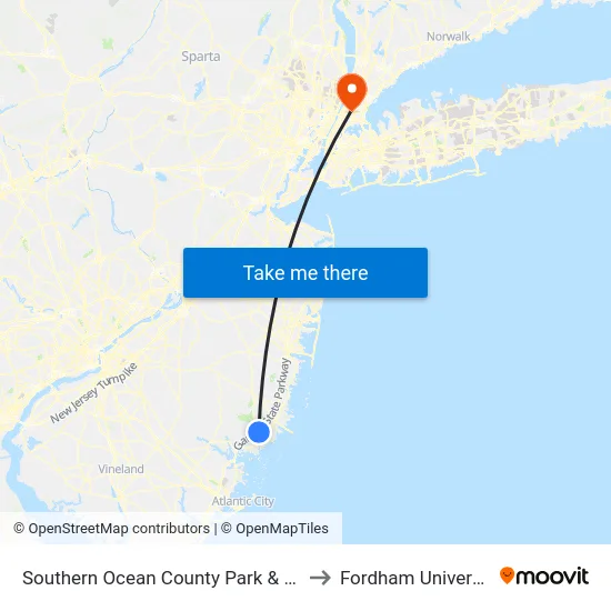 Southern Ocean County Park & Ride to Fordham University map