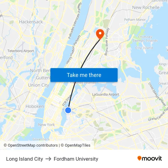 Long Island City to Fordham University map