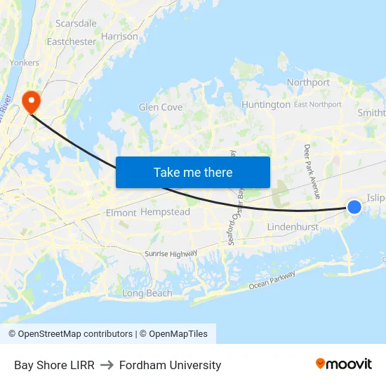 Bay Shore LIRR to Fordham University map