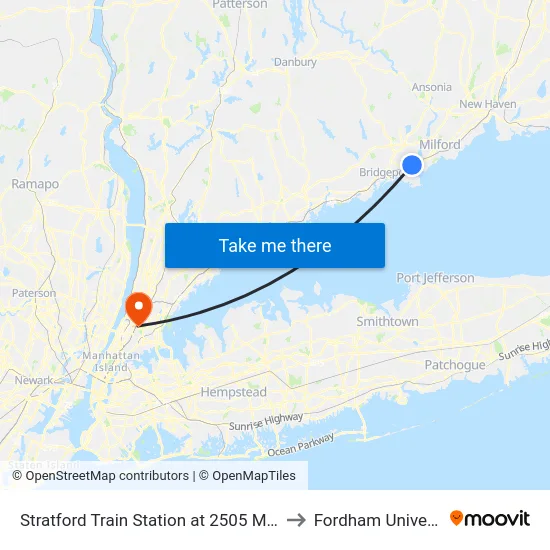 Stratford Train Station at 2505 Main St. to Fordham University map
