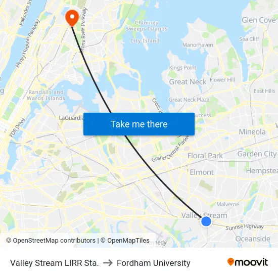Valley Stream LIRR Sta. to Fordham University map