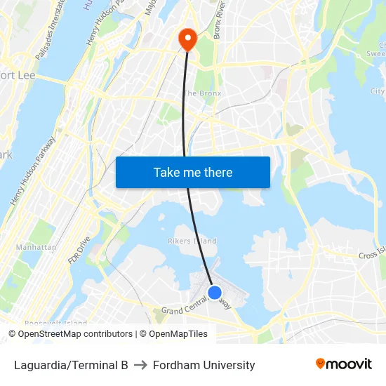 Laguardia/Terminal B to Fordham University map