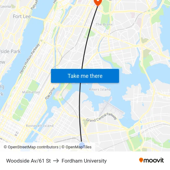 Woodside Av/61 St to Fordham University map