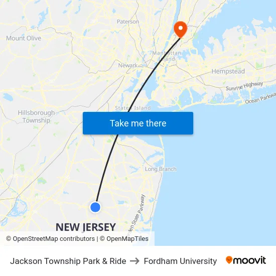 Jackson Township Park & Ride to Fordham University map