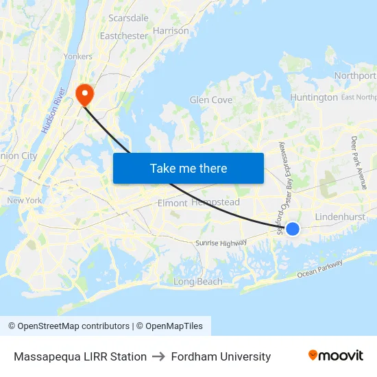 Massapequa LIRR Station to Fordham University map