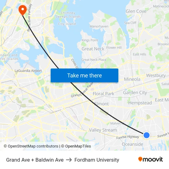 Grand Ave + Baldwin Ave to Fordham University map