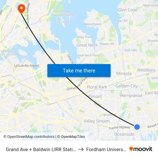 Grand Ave + Baldwin LIRR Station to Fordham University map