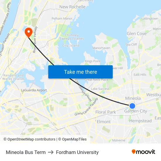 Mineola Bus Term to Fordham University map