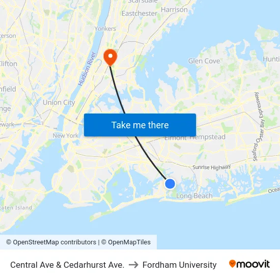 Central Ave & Cedarhurst Ave. to Fordham University map