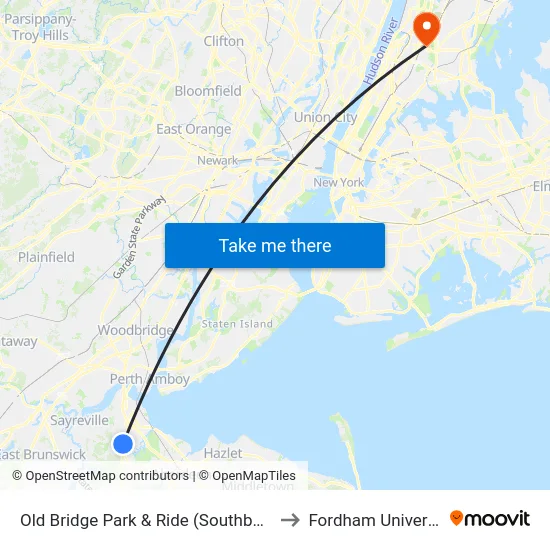 Old Bridge Park & Ride (Southbound) to Fordham University map