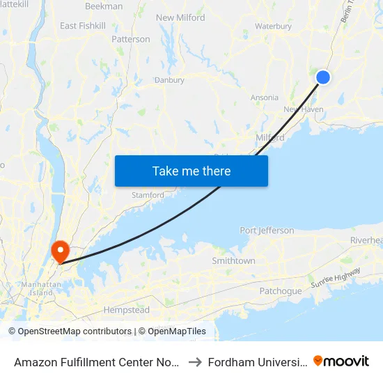 Amazon Fulfillment Center North to Fordham University map