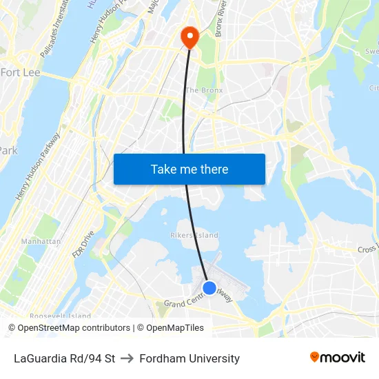 LaGuardia Rd/94 St to Fordham University map
