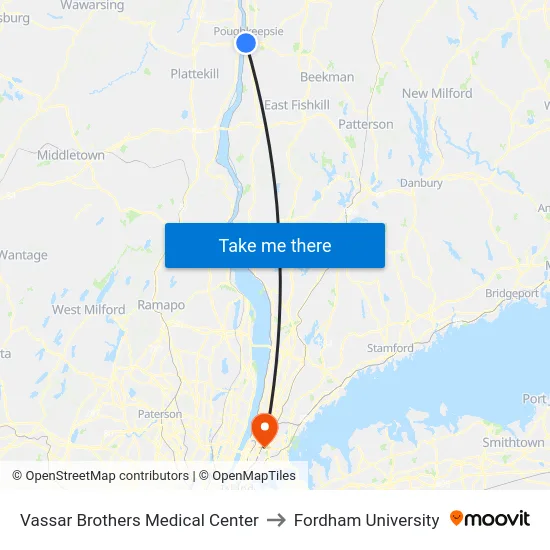 Vassar Brothers Medical Center to Fordham University map