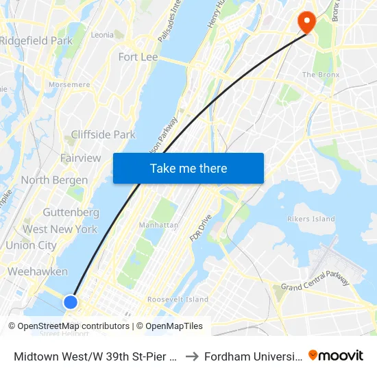 Midtown West/W 39th St-Pier 79 to Fordham University map