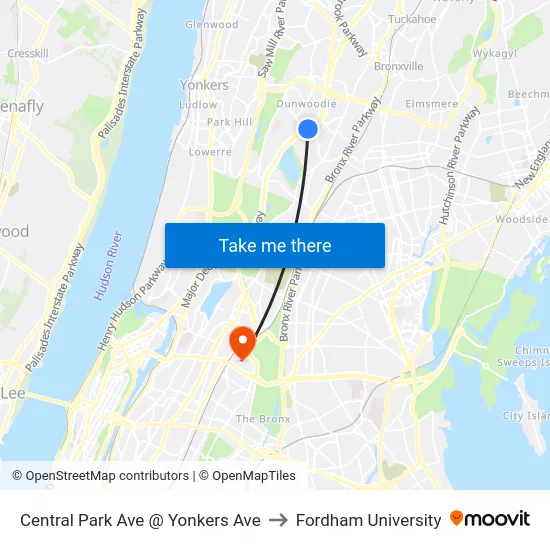 Central Park Ave @ Yonkers Ave to Fordham University map