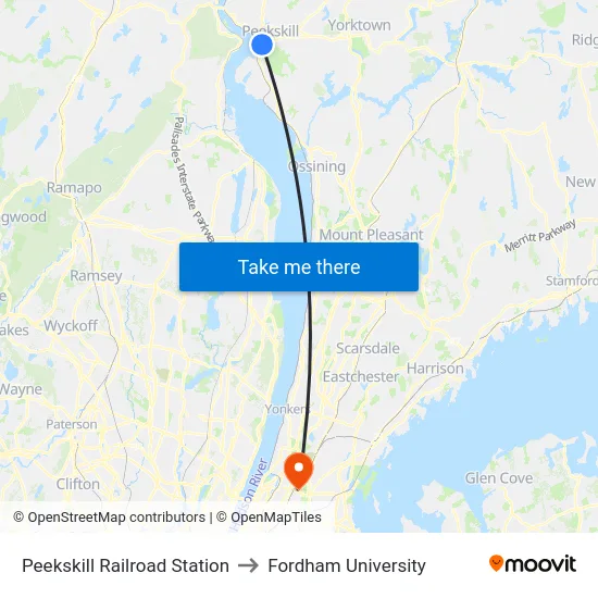 Peekskill Railroad Station to Fordham University map