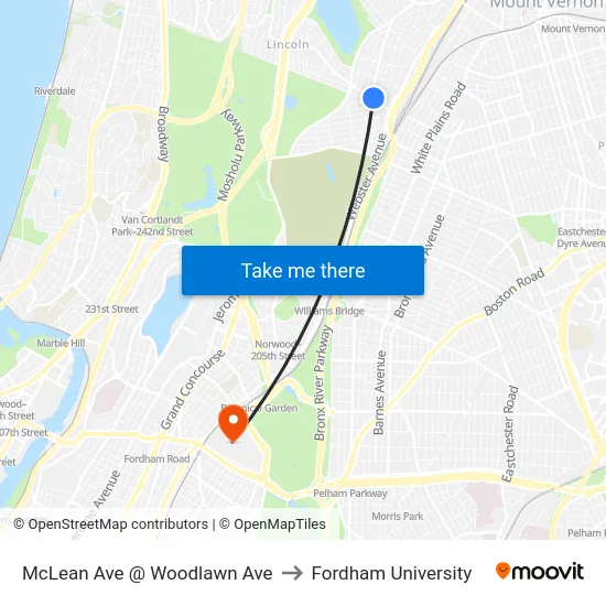 McLean Ave @ Woodlawn Ave to Fordham University map
