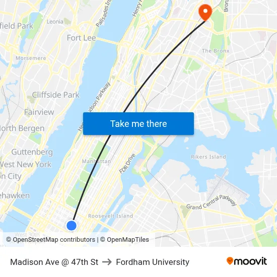 Madison Ave @ 47th St to Fordham University map