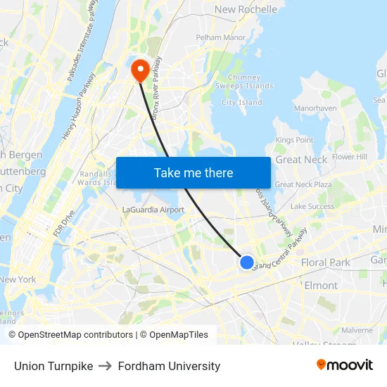 Union Turnpike to Fordham University map