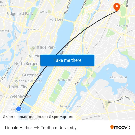 Lincoln Harbor to Fordham University map