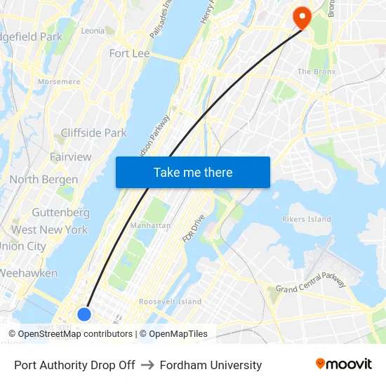 Port Authority Drop Off to Fordham University map