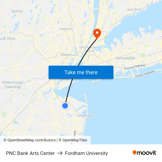 PNC Bank Arts Center to Fordham University map