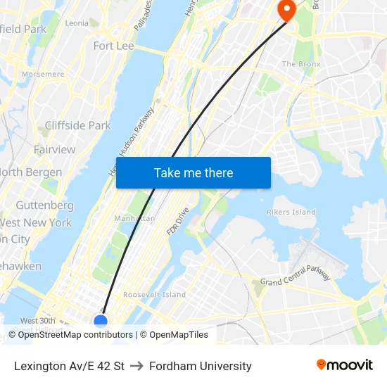 Lexington Av/E 42 St to Fordham University map