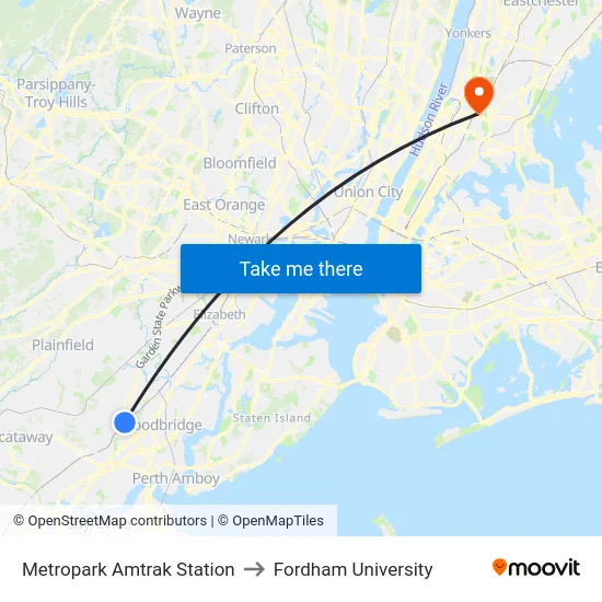 Metropark Amtrak Station to Fordham University map
