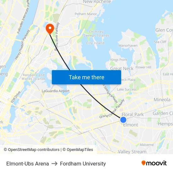 Elmont-Ubs Arena to Fordham University map