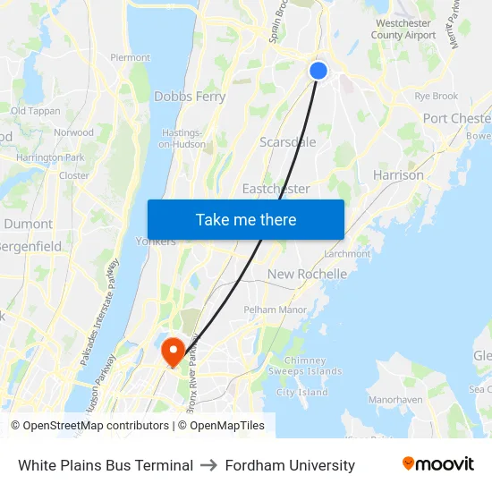 White Plains Bus Terminal to Fordham University map