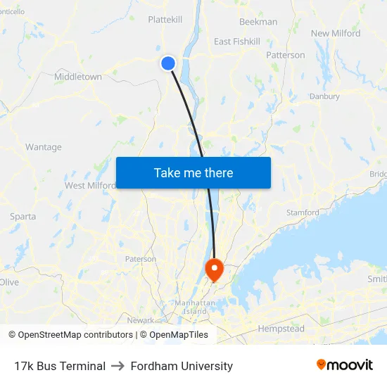 17k Bus Terminal to Fordham University map