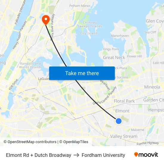 Elmont Rd + Dutch Broadway to Fordham University map