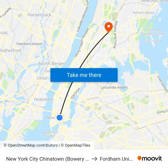 New York City Chinatown (Bowery & Canal St) to Fordham University map