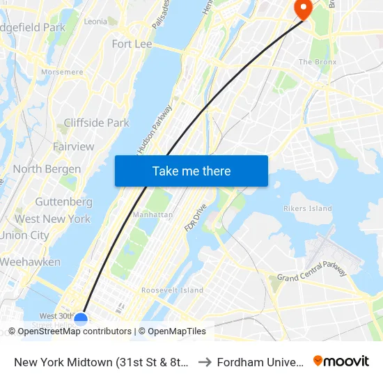 New York Midtown (31st St & 8th Ave) to Fordham University map