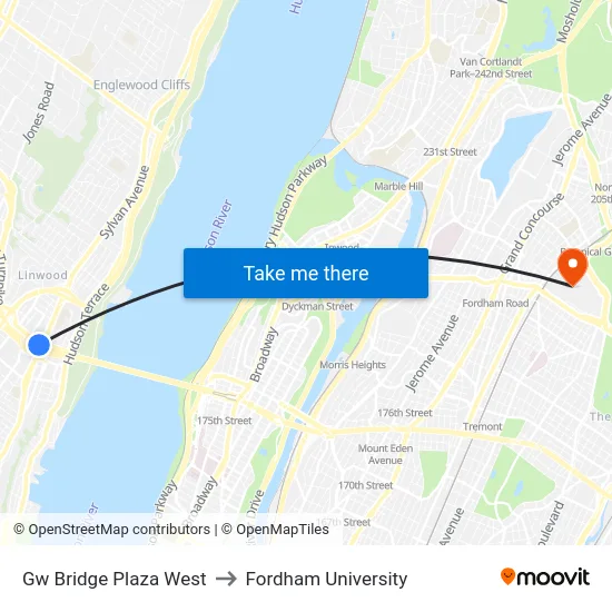 Gw Bridge Plaza West to Fordham University map