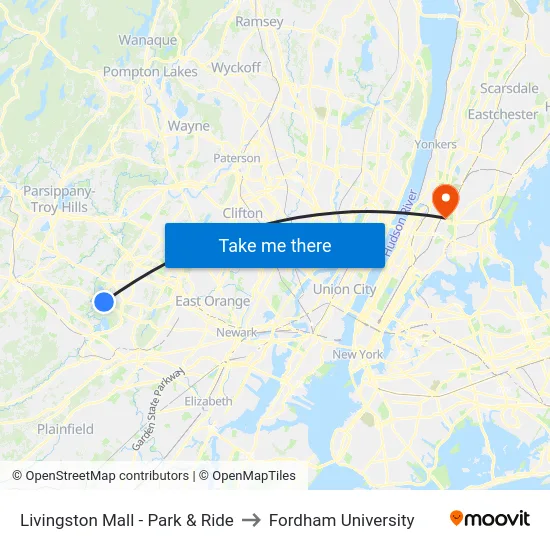 Livingston Mall - Park & Ride to Fordham University map