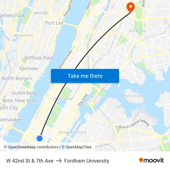 W 42nd St & 7th Ave to Fordham University map