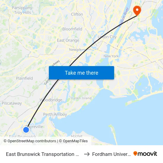 East Brunswick Transportation Center to Fordham University map