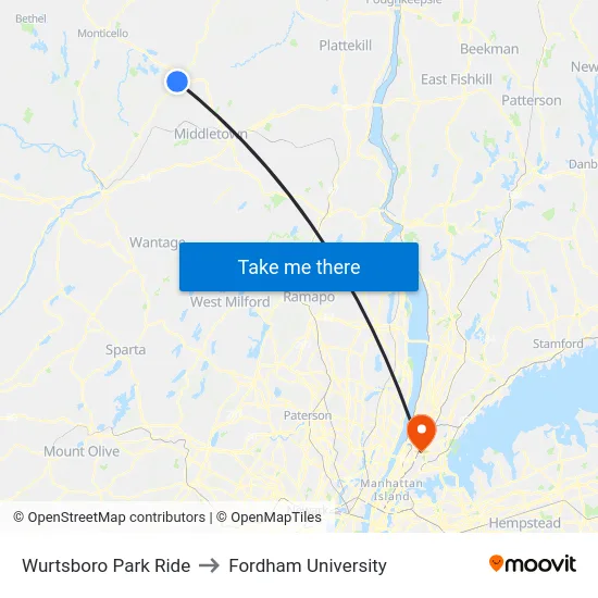 Wurtsboro Park Ride to Fordham University map