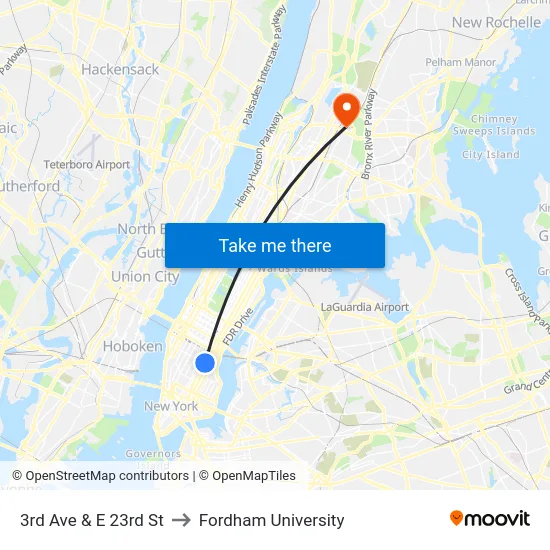 3rd Ave & E 23rd St to Fordham University map