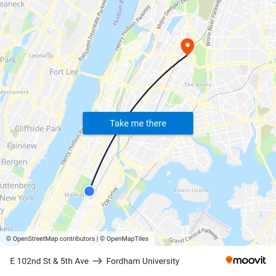 E 102nd St & 5th Ave to Fordham University map