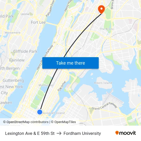 Lexington Ave & E 59th St to Fordham University map