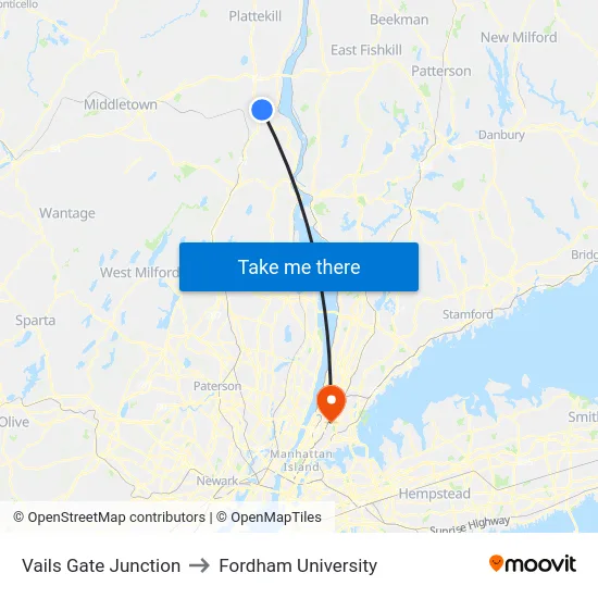Vails Gate Junction to Fordham University map